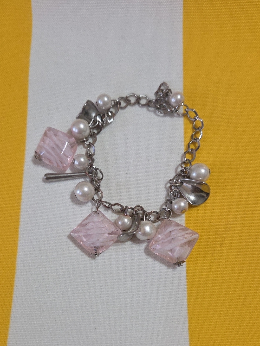 Silver-Tone Pink Crystal & Pearl Charm Bracelet